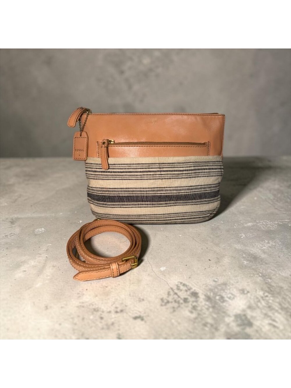 VTG Fossil Issue No 1954 Explorer Series Crossbody Striped Canvas Tan Bag VEGAN - Picture 3 of 10